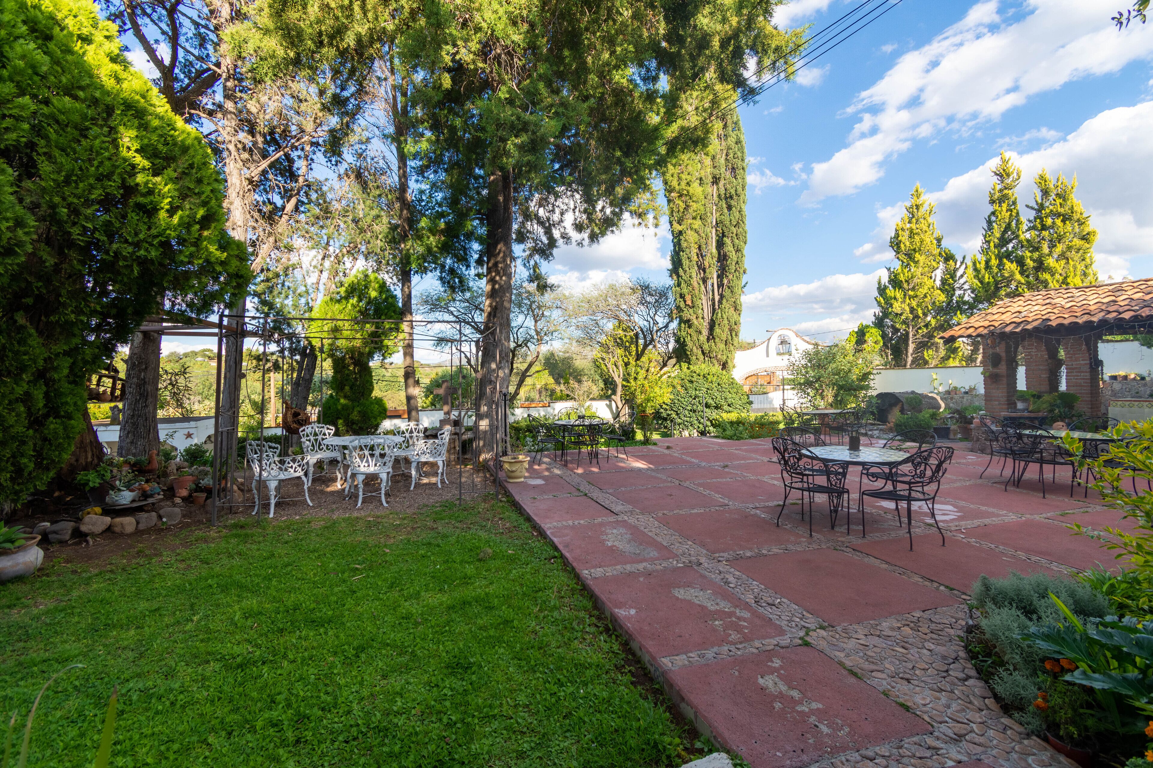 Un patio al aire libre con mesas y sillas, rodeado de follaje y árboles.