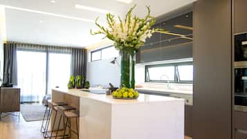 Fridge, oven, electric kettle, cookware/dishes/utensils