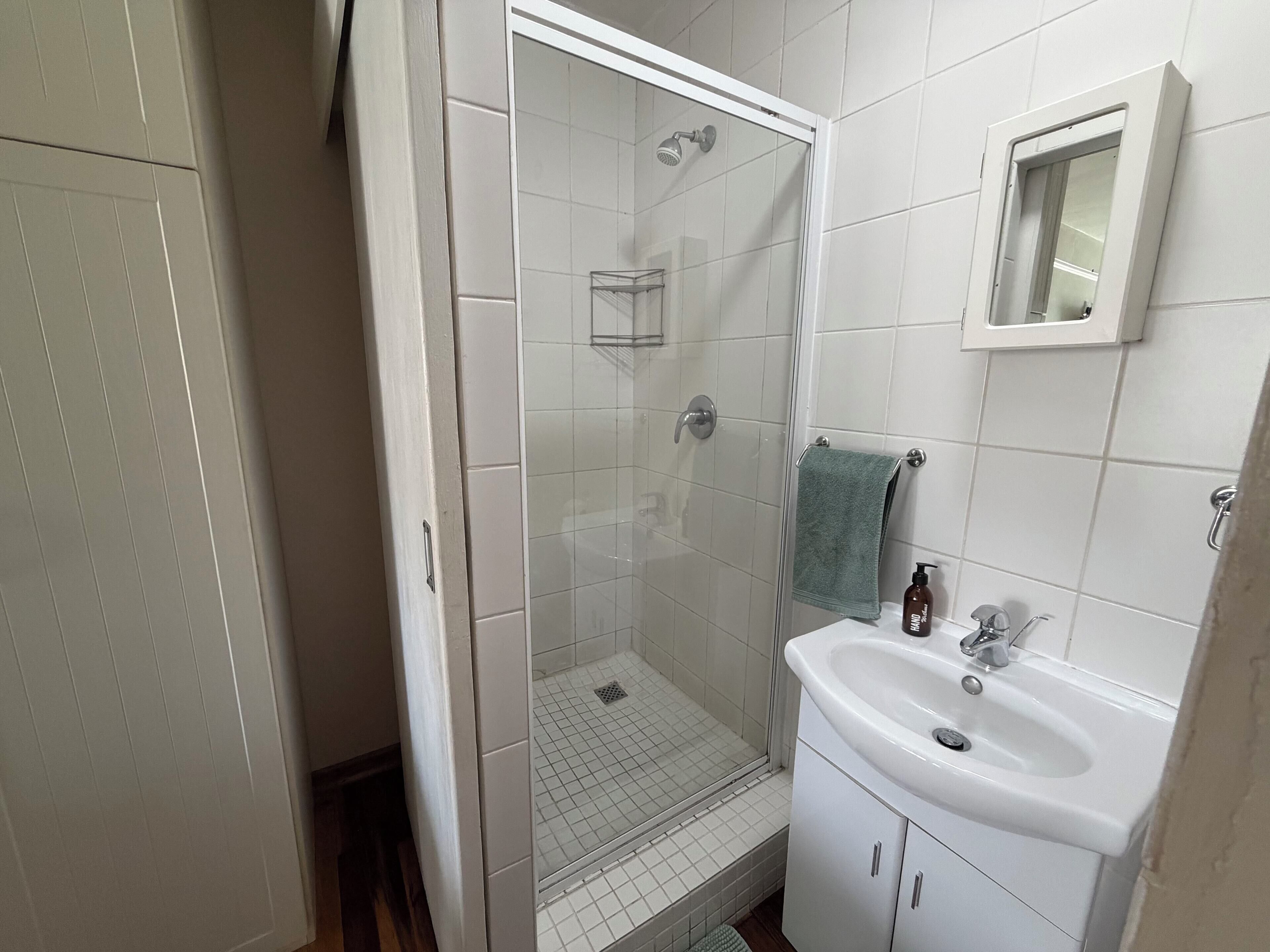 A bathroom with a glass-enclosed shower, a white sink, and a mirror above it.
