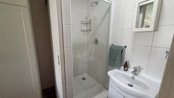 A bathroom with a glass-enclosed shower, a white sink, and a mirror above it.