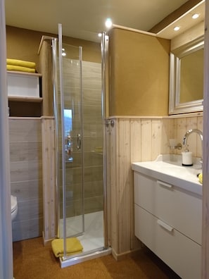 Shower, hair dryer, towels, soap