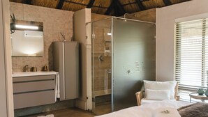 A modern bathroom with a glass shower enclosure, a sink, and a mirror. - Buccara Waterberg - Molapo (Lephalale)