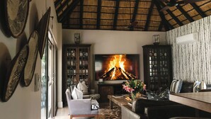 A cozy living room with a fireplace, a television, and a bookshelf. - Buccara Waterberg - Molapo (Lephalale)
