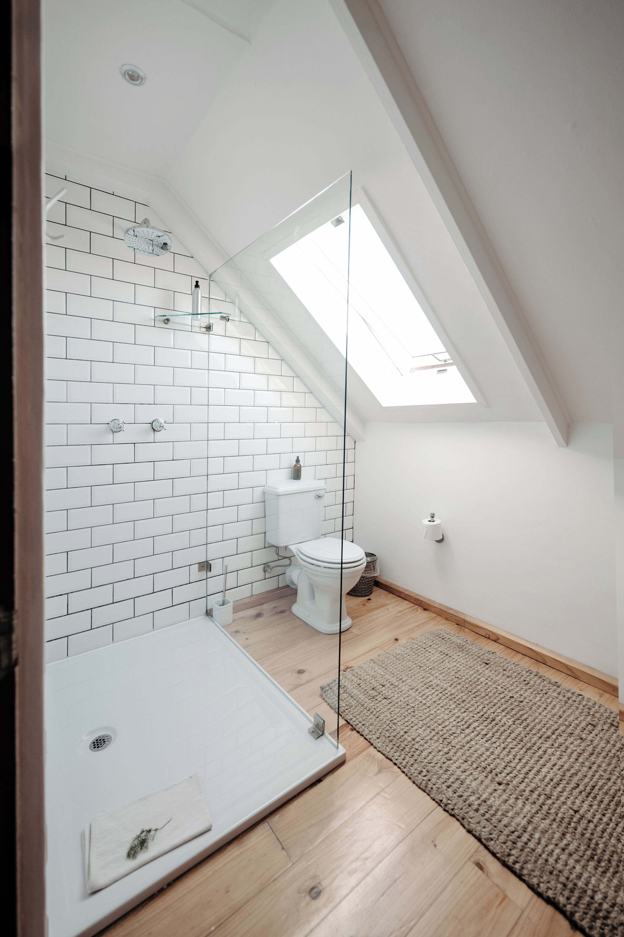 Un baño moderno con ducha, inodoro y tragaluz.