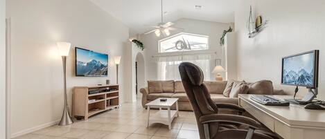 Smart TV, DVD player, books, computer monitors