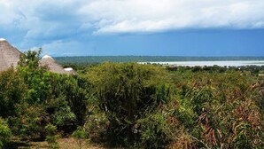 Un paisaje con chozas de techo de paja rodeadas de vegetación exuberante y un cielo despejado.