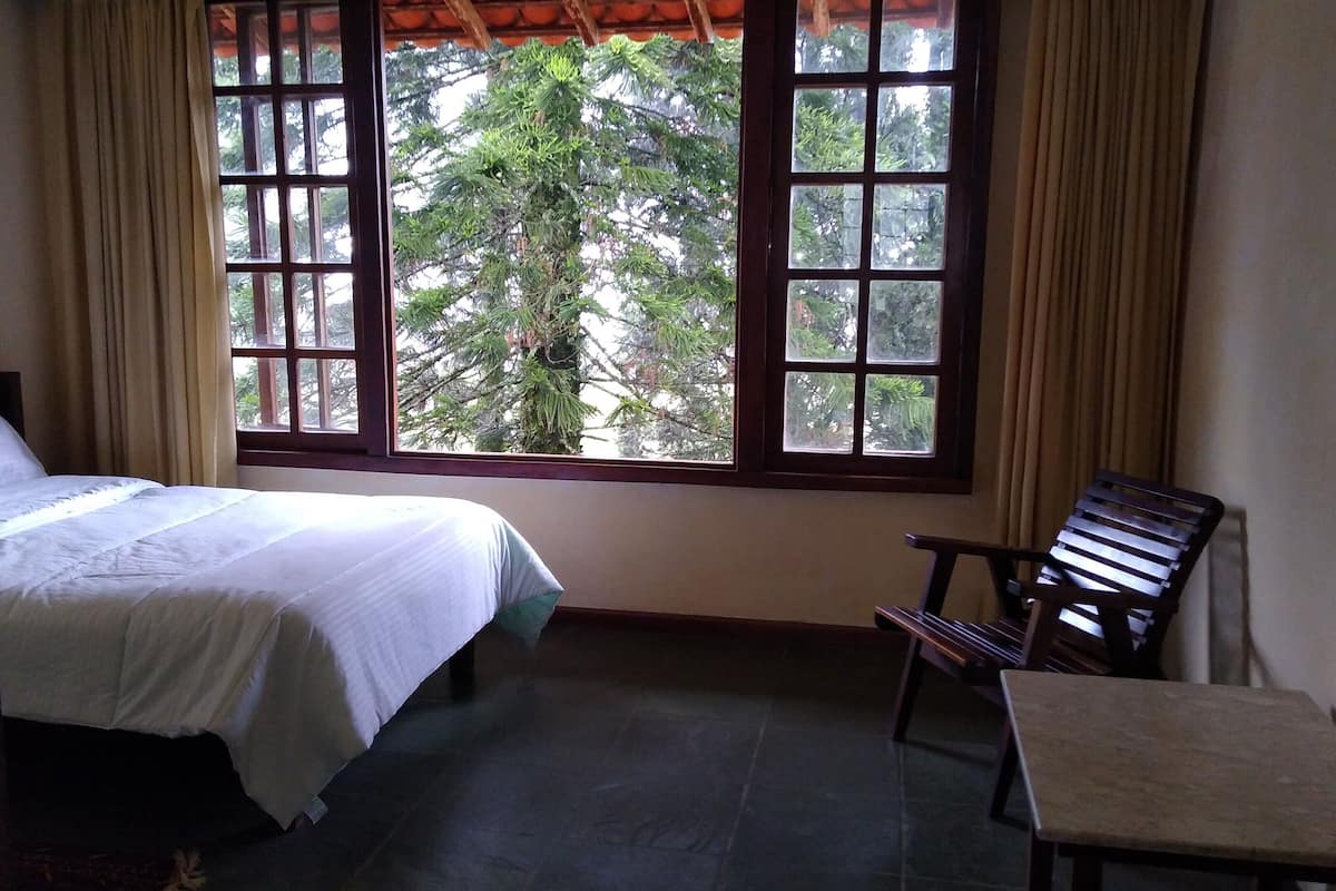 A room with a bed, a chair, a small table, and a window with a view of trees.