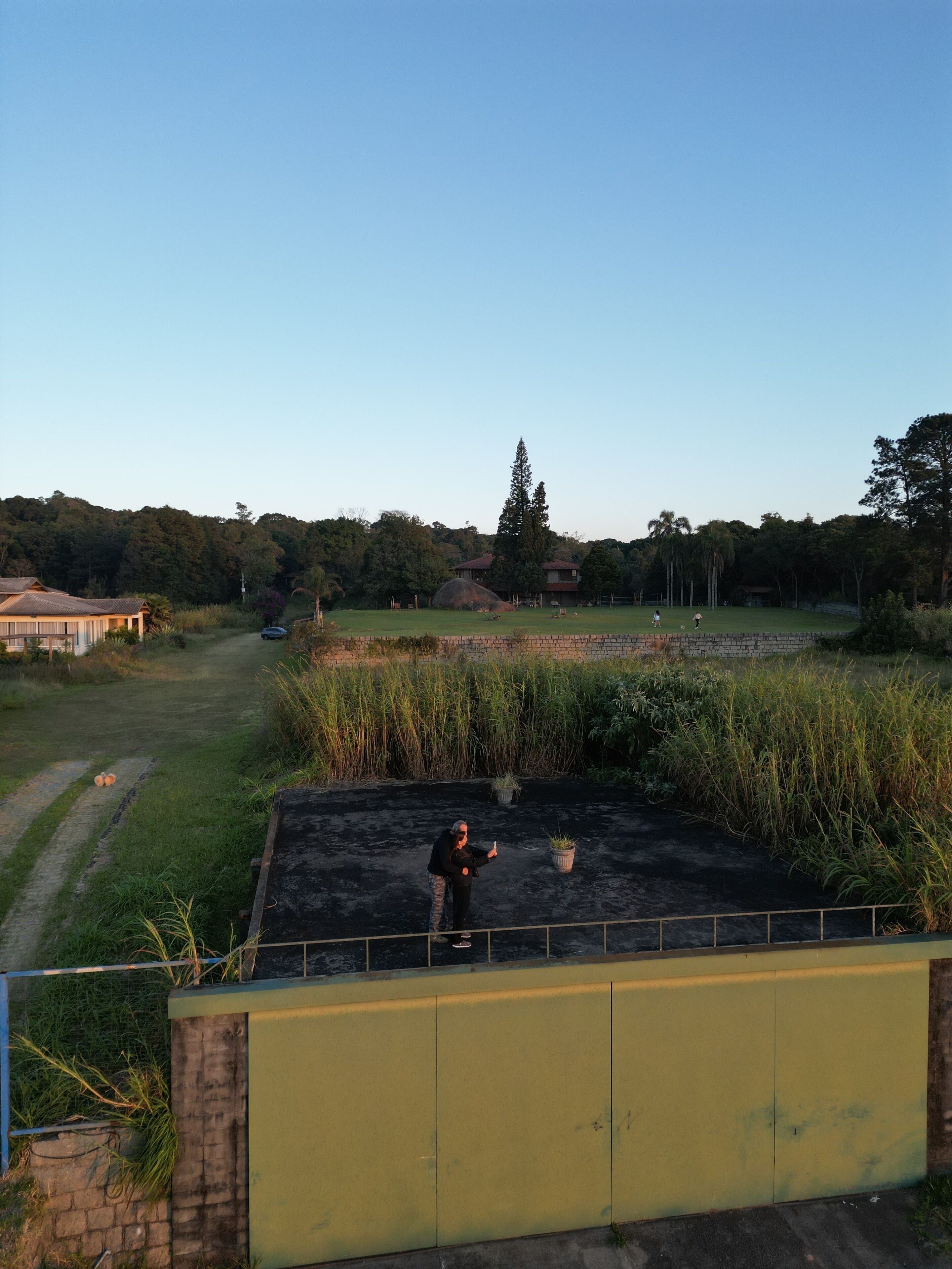 A rooftop terrace with a person tending to plants, surrounded by a lush garden and a clear sky.