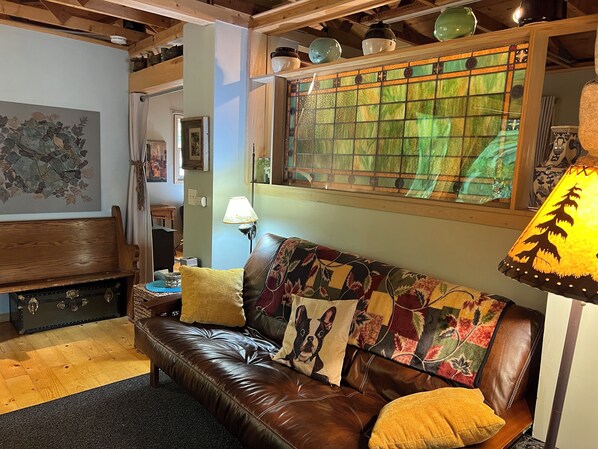 Fireplace, DVD player, books, video library