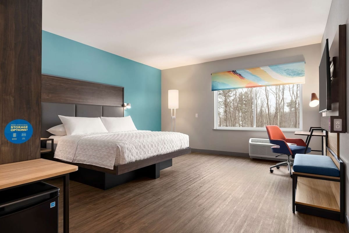 Hotelkamer met een bed, bureau, stoel, televisie en raam met uitzicht op bomen.