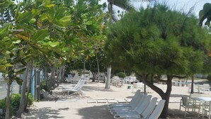 Een zitgedeelte aan het strand met witte ligbedden en tafels, omgeven door bomen en een hek.