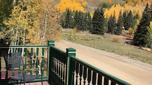 A wooden deck with a green railing, a chair, and a table.