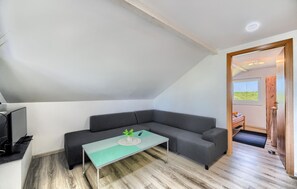 Smart TV, fireplace, foosball