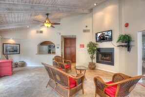 Smart TV, fireplace, DVD player, video library