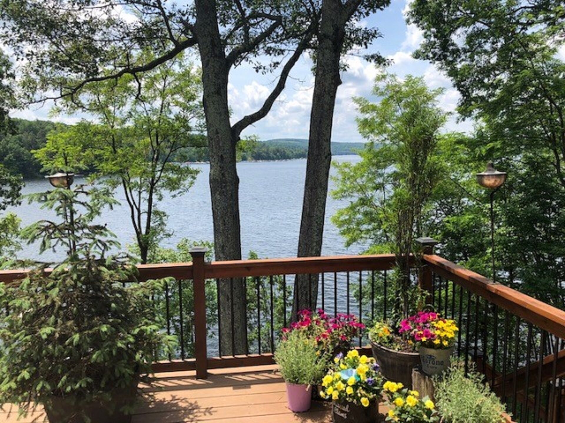 A wooden deck with a railing overlooking a lake, surrounded by trees and potted plants.