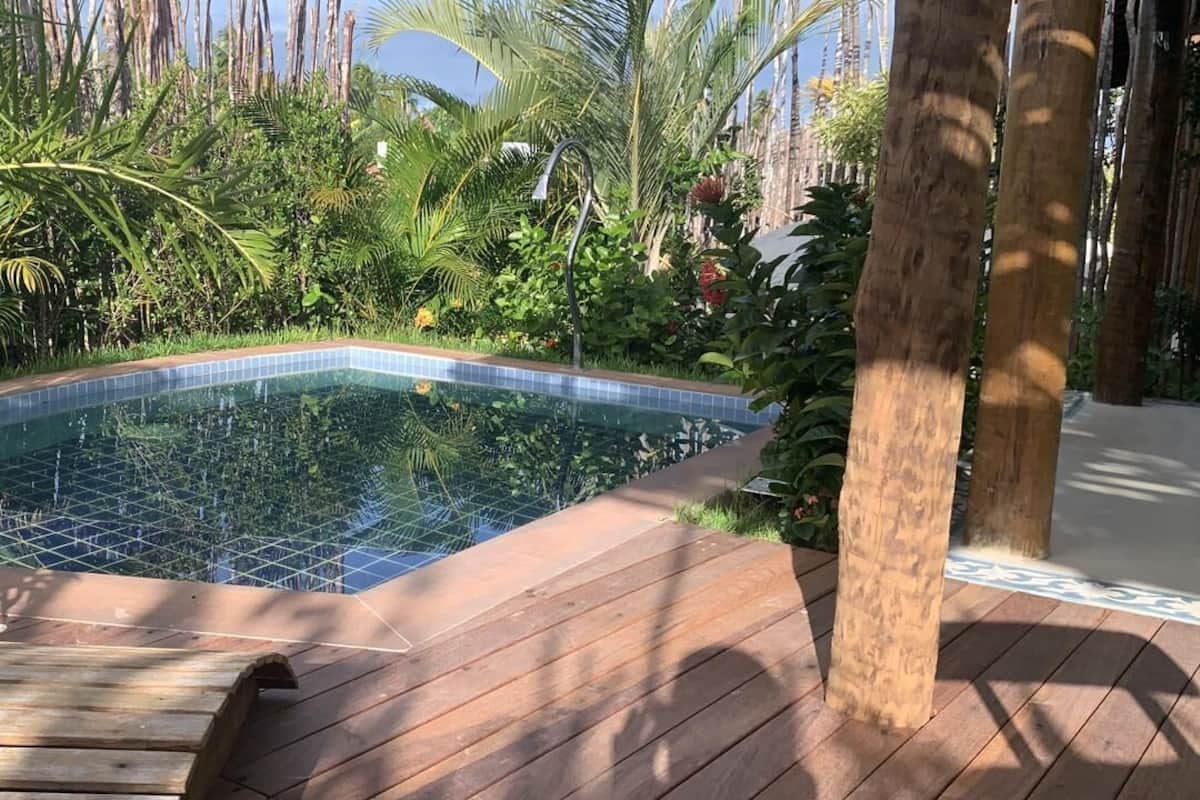 A swimming pool with a wooden deck, surrounded by lush greenery and tall palm trees.