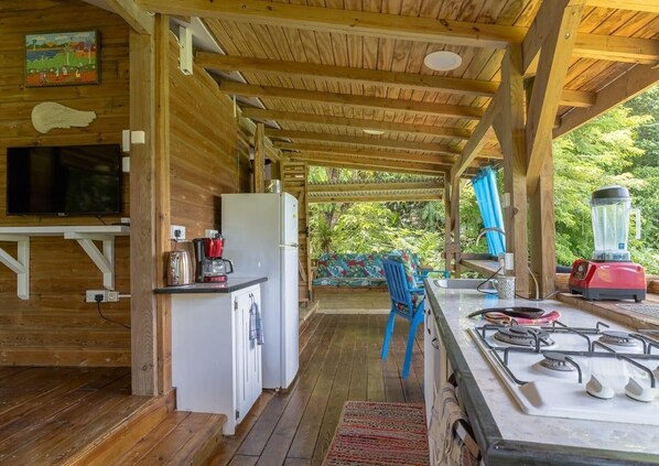 A wooden cabin with a kitchen area featuring a refrigerator, a coffee maker, a blender, and a gas stove.
