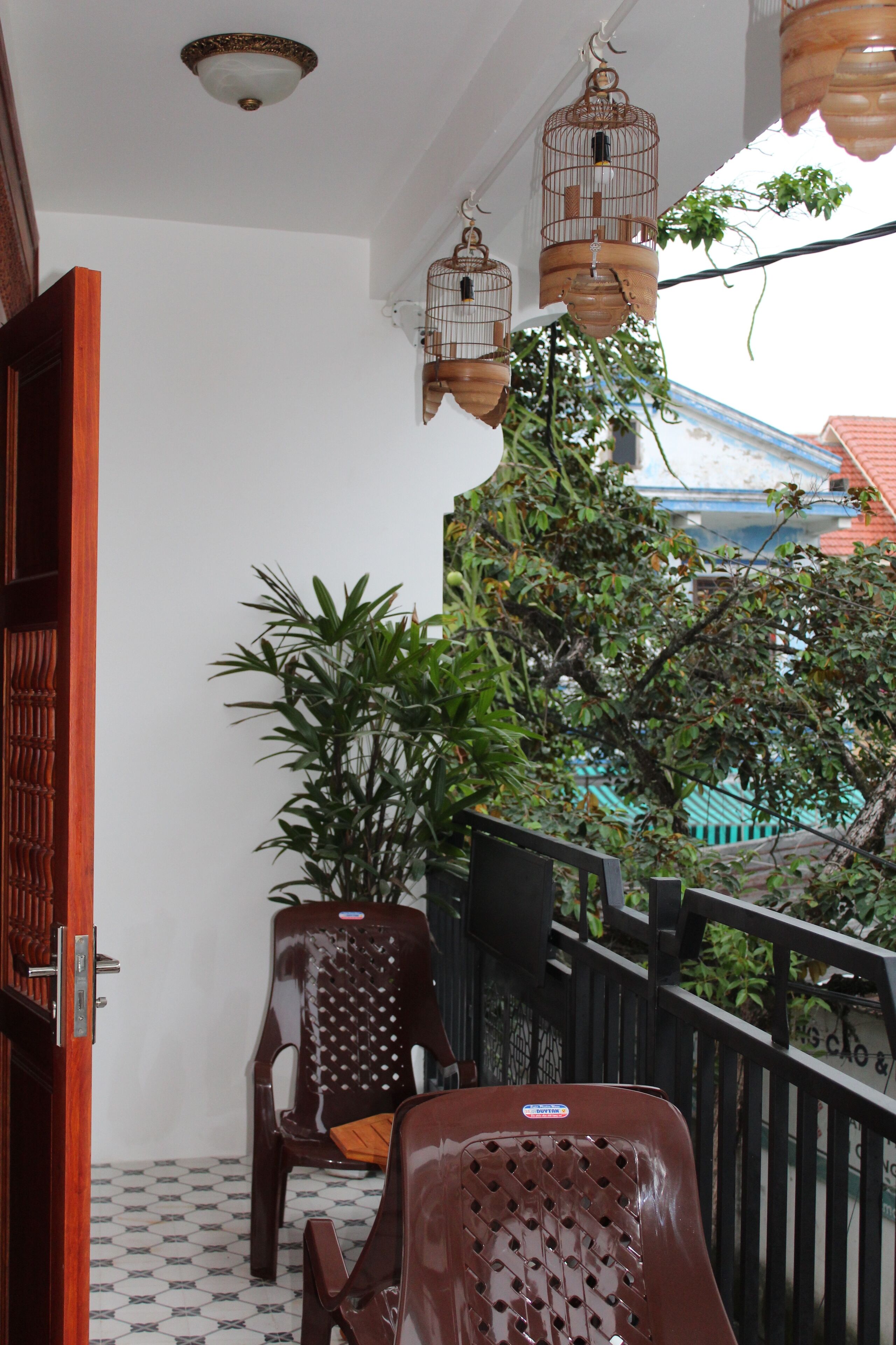 A balcony with a potted plant, two plastic chairs, and hanging birdcages.