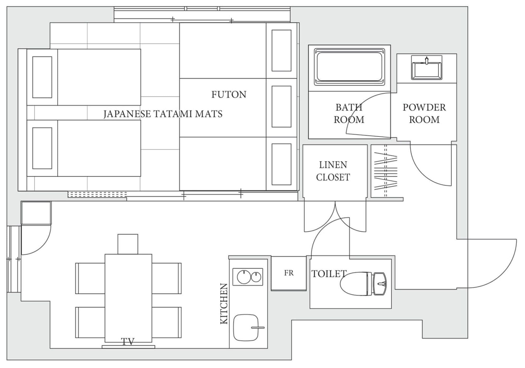 A floor plan with a futon, Japanese tatami mats, a kitchen, a TV, a powder room, a bathroom, and a linen closet.
