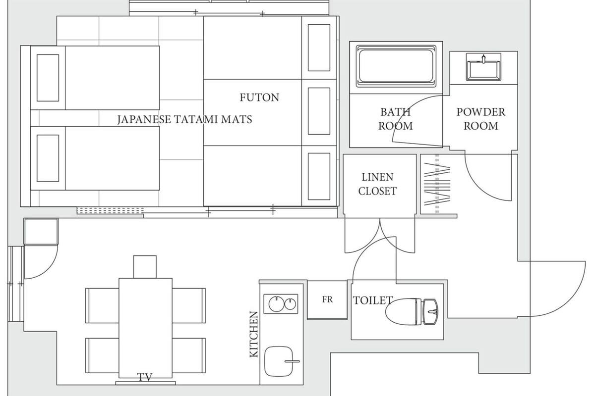 A floor plan with a futon, Japanese tatami mats, a kitchen, a TV, a powder room, a bathroom, and a linen closet.