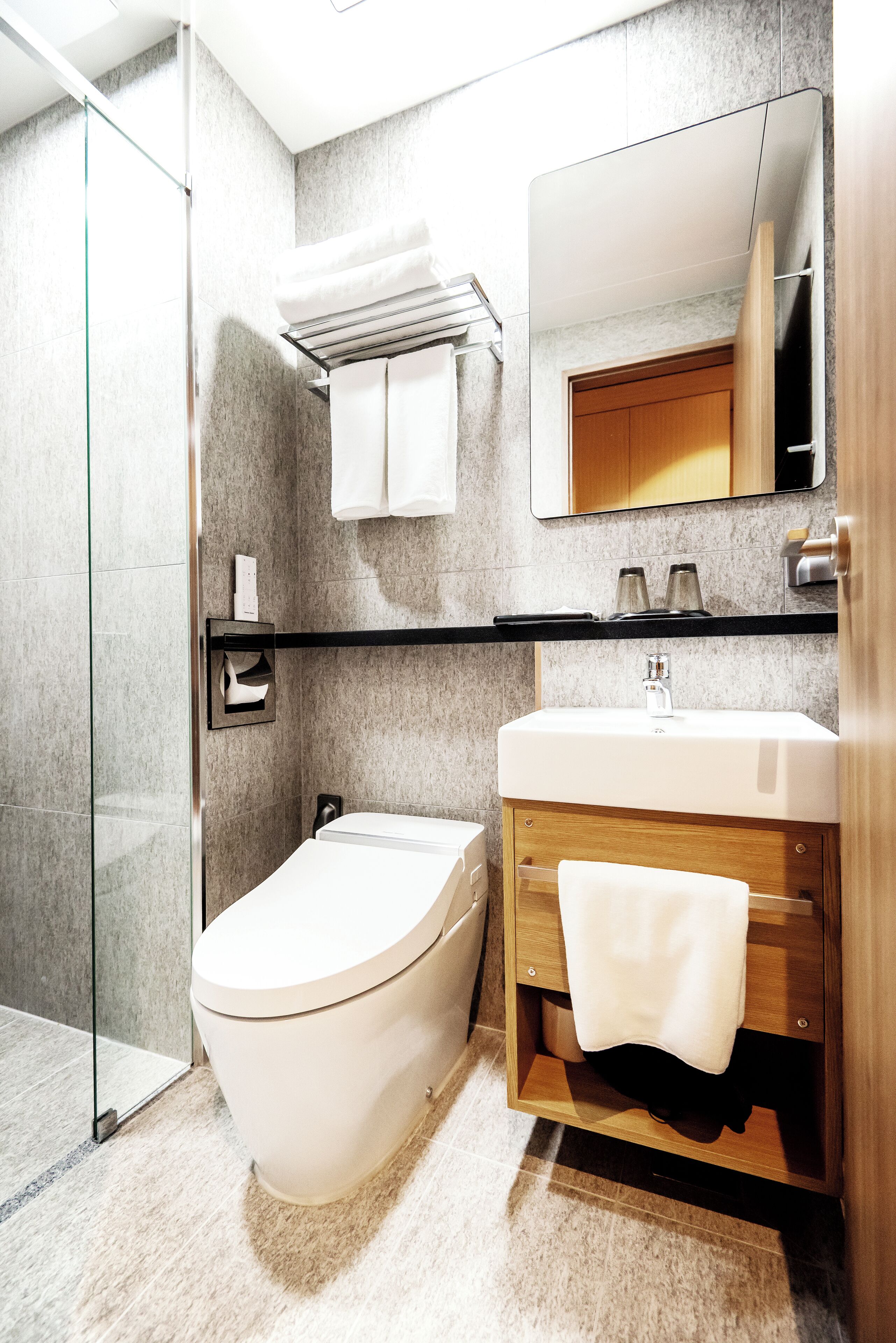 shower, hair dryer, bathrobes, slippers