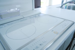 Großer Kühlschrank, Mikrowelle, Herdplatte, Wasserkocher