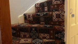 A staircase with patterned carpet steps leading to a door. - Lamplighter Guesthouse (Plymouth)