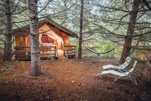 Un chalet rustique doté d’une terrasse en bois et d’un hamac.
