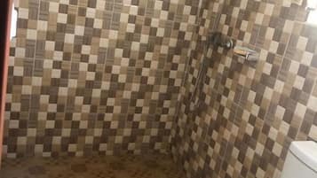 Shower, towels, soap, toilet paper