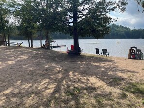 Un campeggio sul lago con un grande albero, un molo e una fila di sedie.