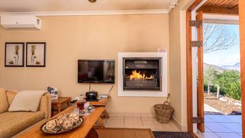 Una sala de estar con chimenea, un sofá, una mesa de centro con aperitivos, un televisor y vistas al exterior.