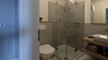 A modern bathroom with a glass-enclosed shower, a white toilet, and a vanity with a mirror.