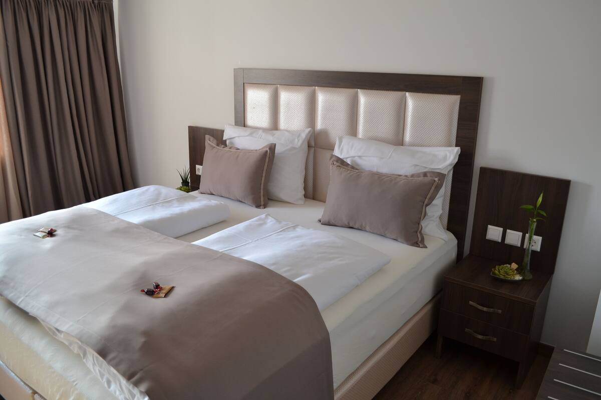 Una cama doble con cabecera de madera, dos mesitas de noche y una pequeña planta en maceta sobre una de ellas.