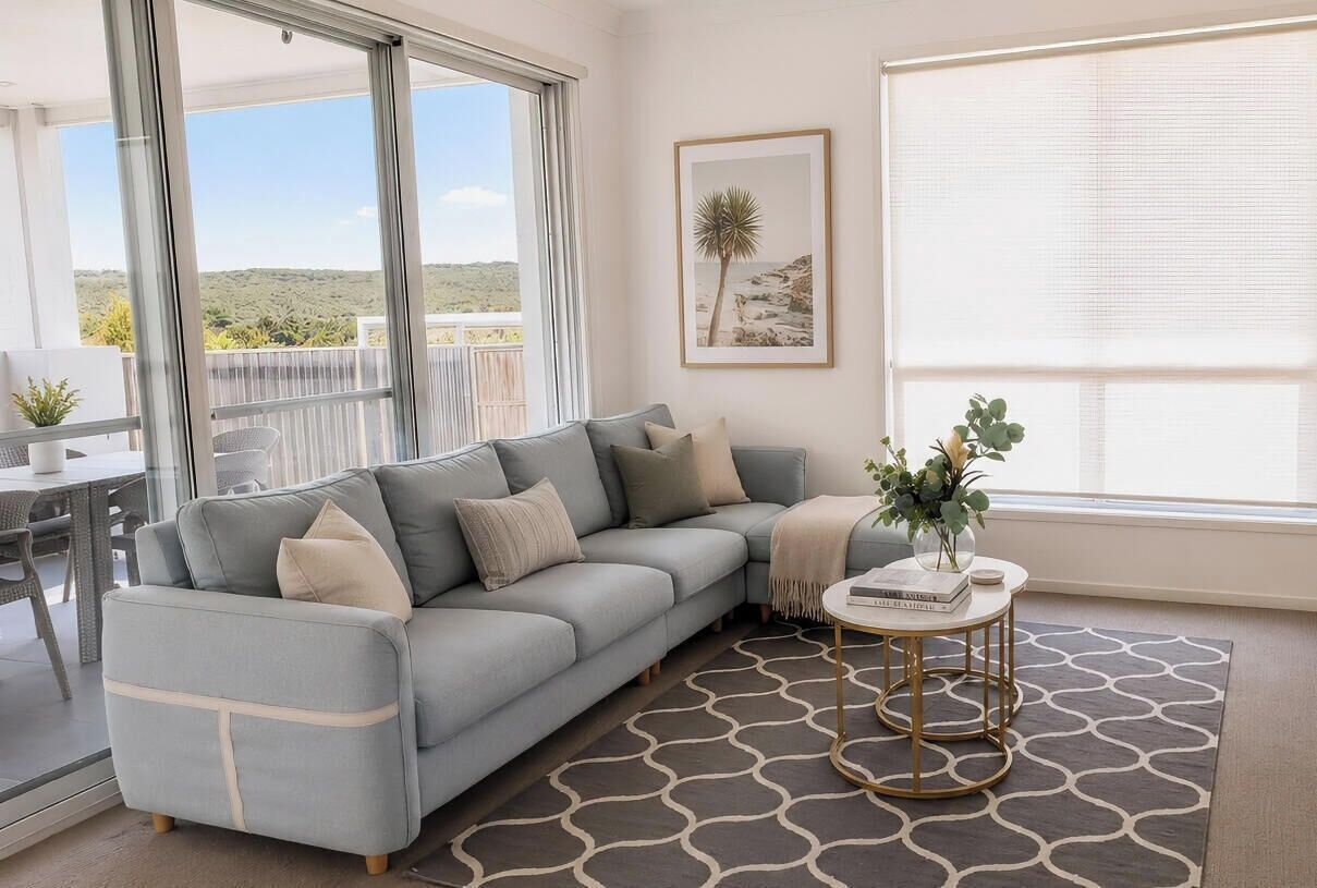 A modern living room with a grey sofa, a patterned rug, a small round table with a vase, and a framed picture on the wall.