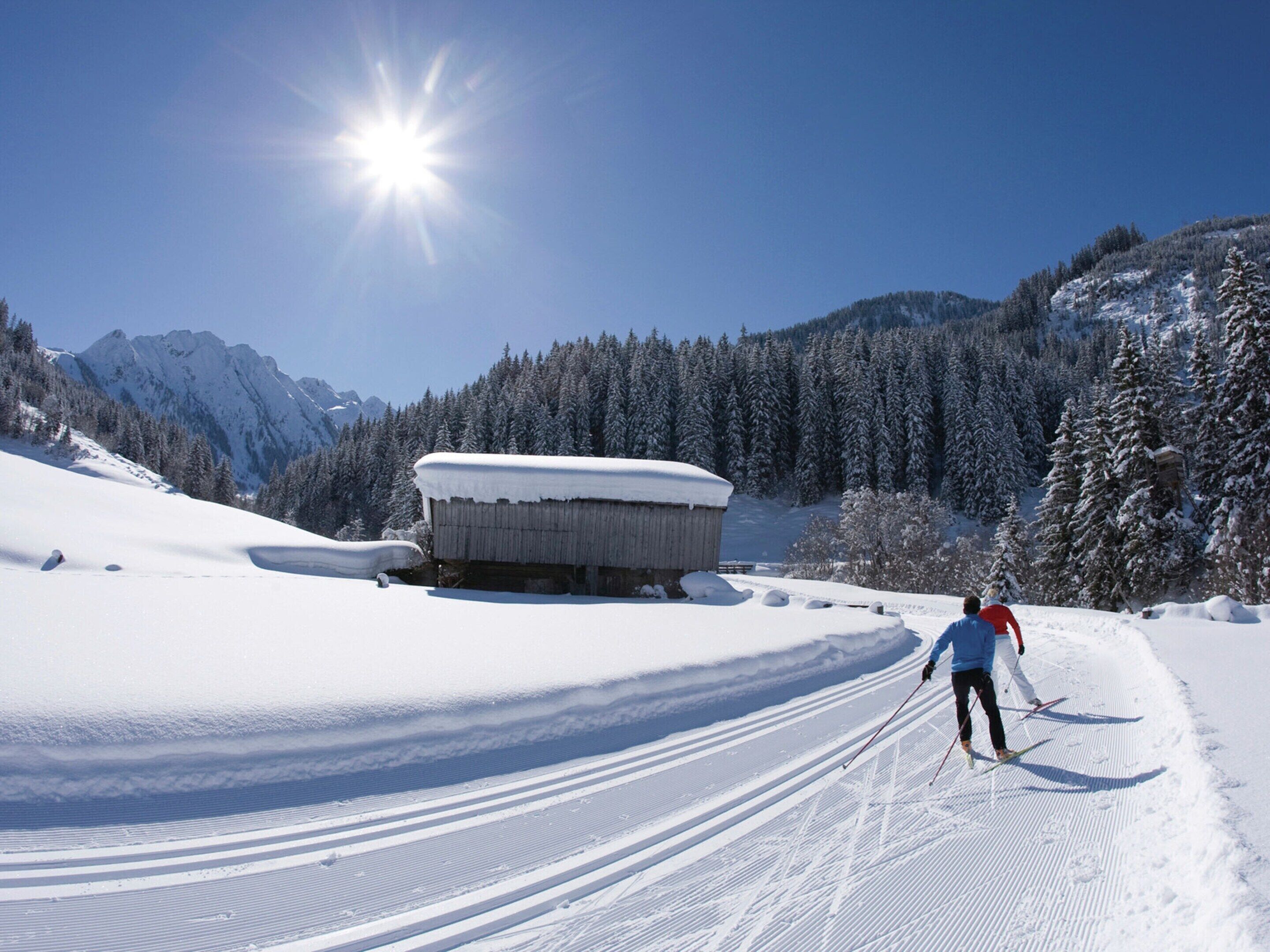 A snowy landscape with a wooden cabin, a clear sky, and a person skiing.