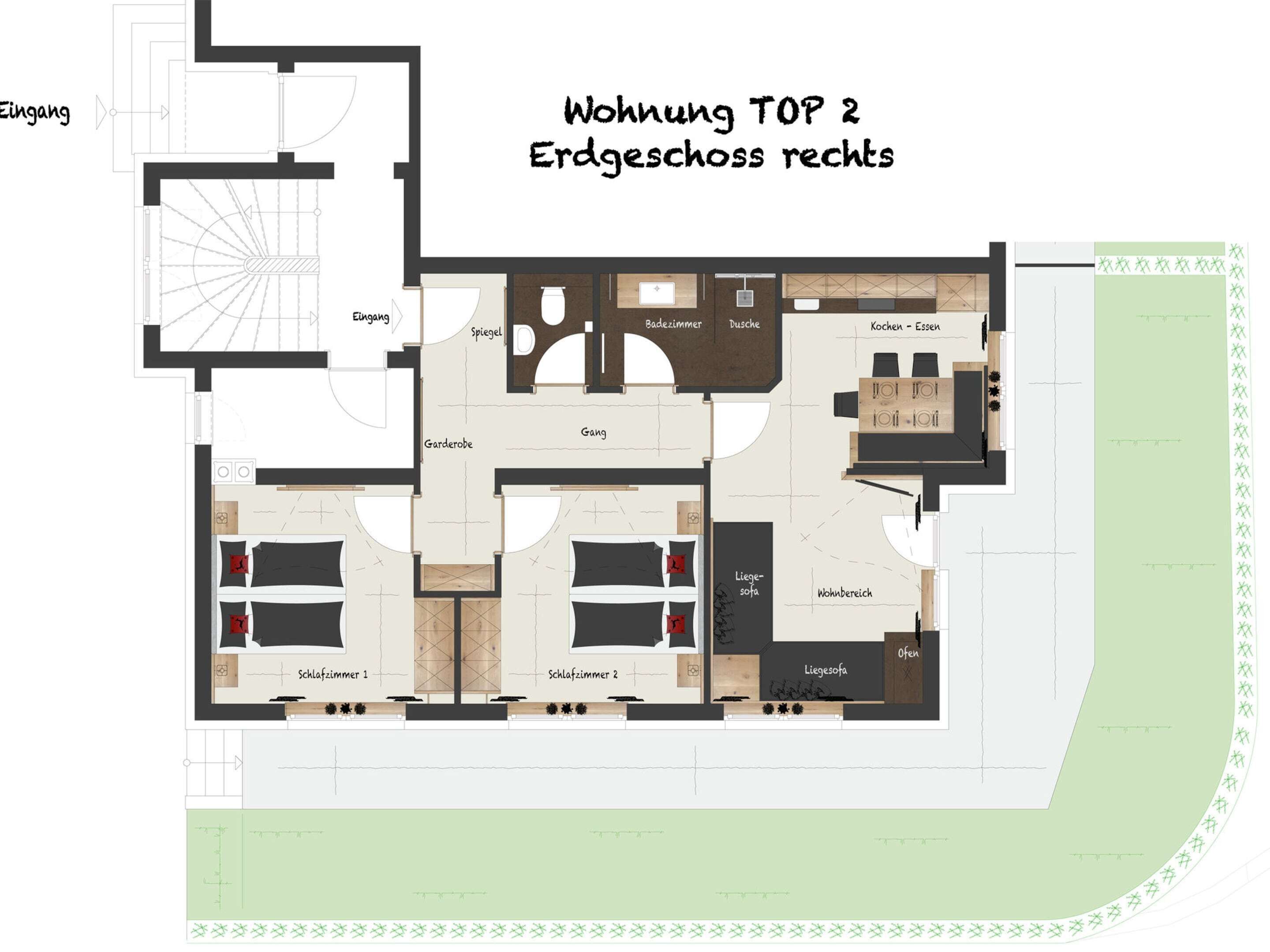 Een plattegrond van een TOP appartement met twee slaapkamers, keuken, badkamer en woonruimte.