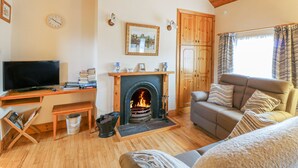 A cozy living room with a fireplace, a television, and a comfortable sofa. - Rose Cottage (Ramsgrange)