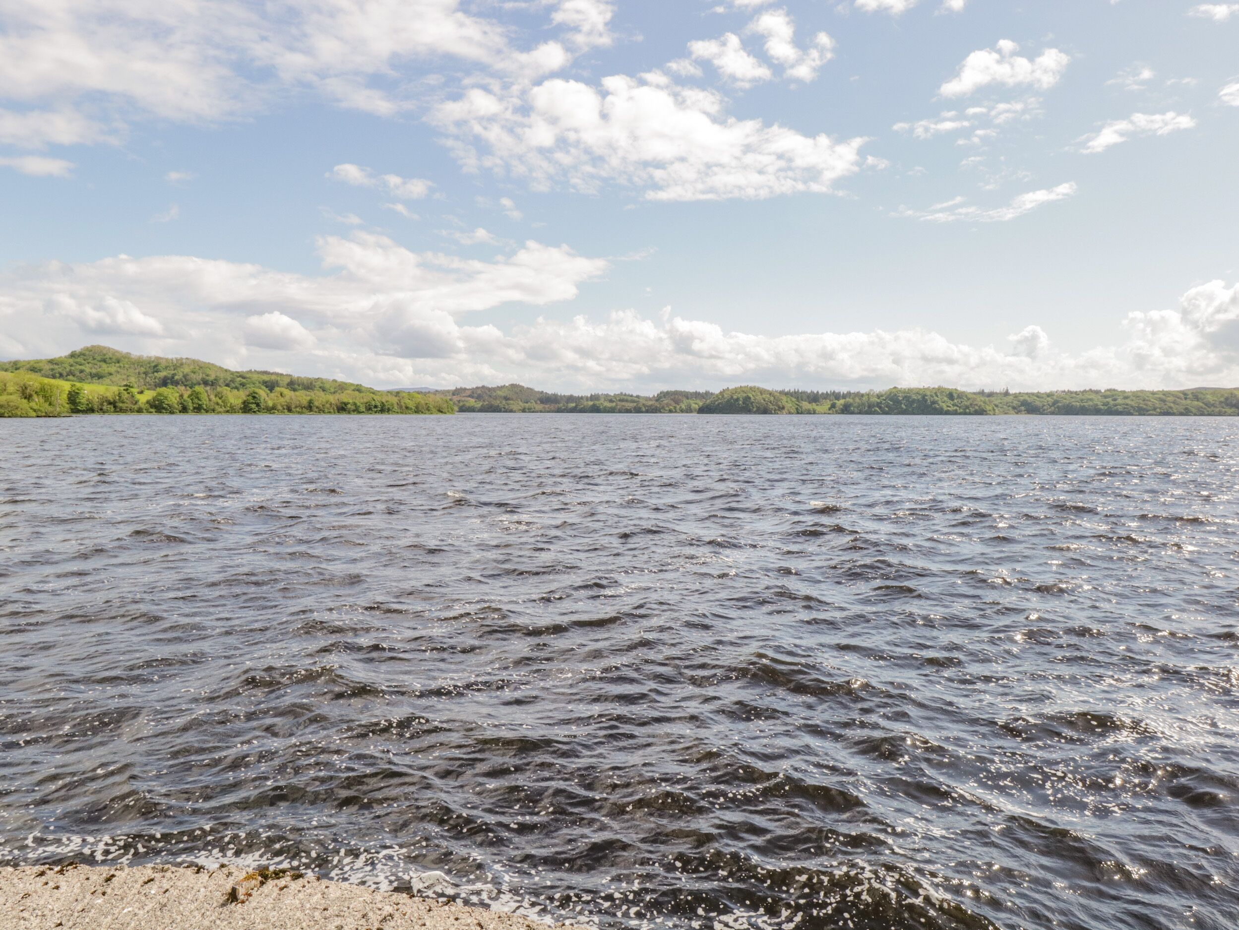 A lake with a sandy shore and a forested hill in the background.
