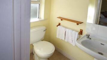 A small bathroom with a toilet, sink, and a window.