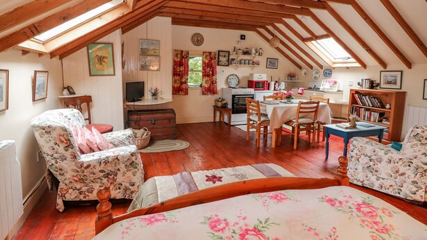 Een gezellig zolderkamertje met houten balken, een eettafel, stoelen, een bed met bloemenbeddels, een televisie en diverse keukenapparaten.