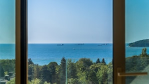 Vista del mar a través de una ventana, con barcos a lo lejos y una ladera boscosa.