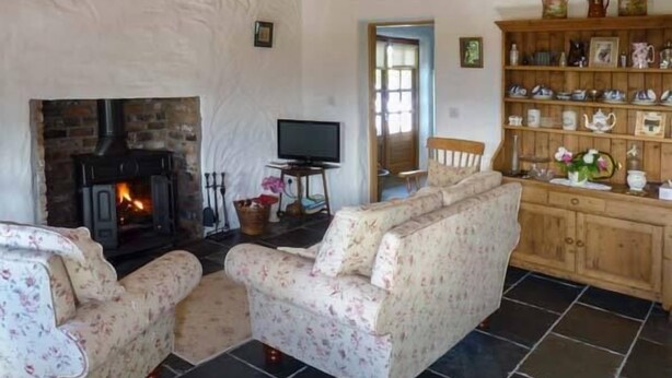 A cozy living room with a fireplace, floral-patterned sofa, and a wooden cabinet with decorative items. - Annie's Cottage (Clogher)