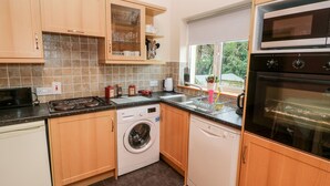Une cuisine avec des meubles de rangement en bois, un lave-vaisselle, un lave-linge, une cuisinière et un four.