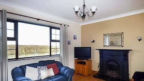 A living room with a blue leather sofa, a television on a wooden stand, a fireplace, and a large window with a view of the countryside. - Flynn's Cottage (Miltown Malbay)