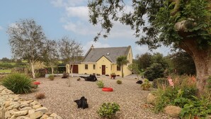 A house with a gravel driveway, surrounded by a stone wall, trees, and potted plants. - Silver Birch (Creegh)