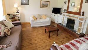 A living room with a sofa, a coffee table, a fireplace, a television, and a bookshelf. - Lough Mask Road Fishing Lodge (Cong)