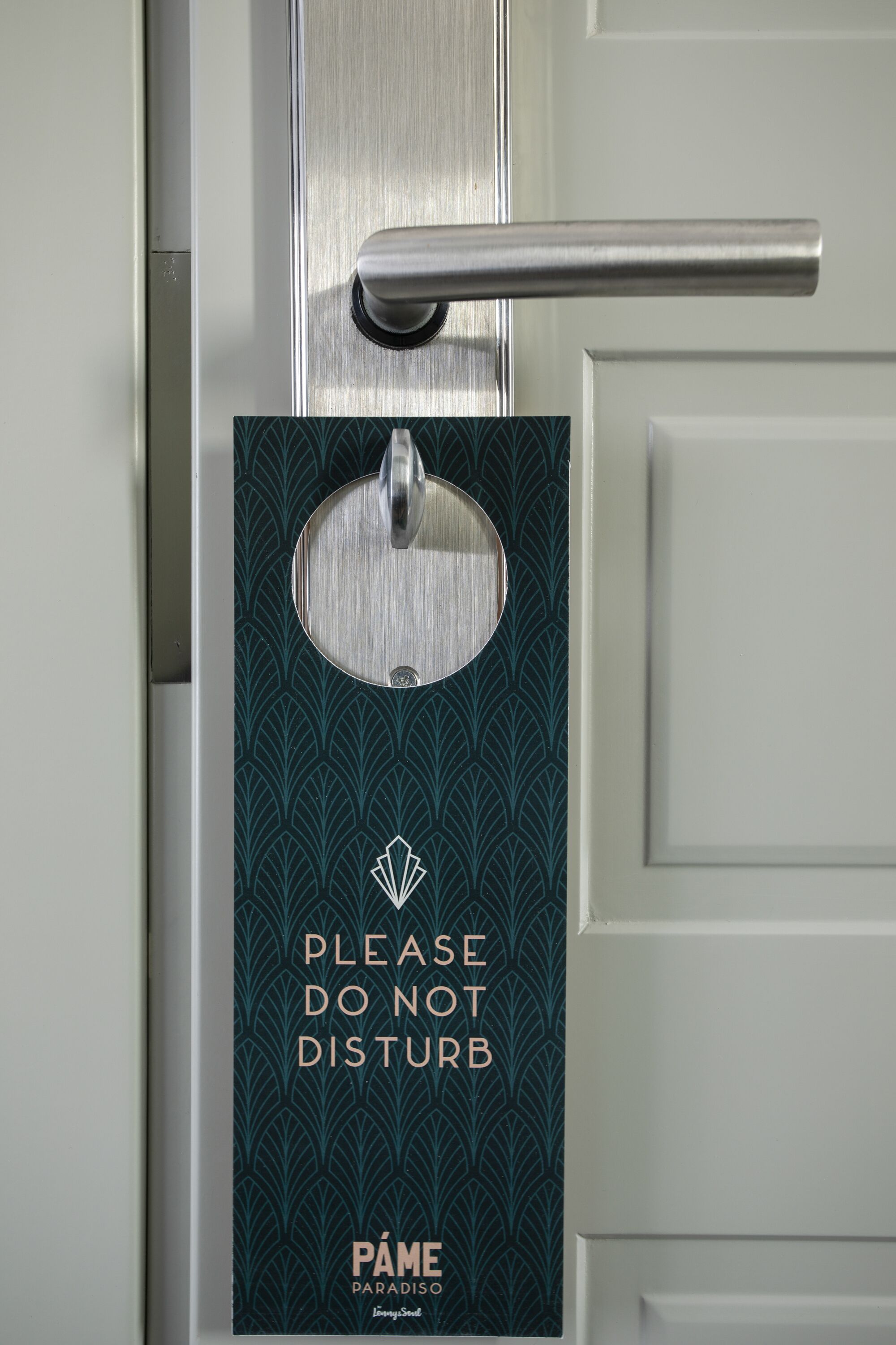 A door with a 'Please Do Not Disturb' sign and a key card holder.