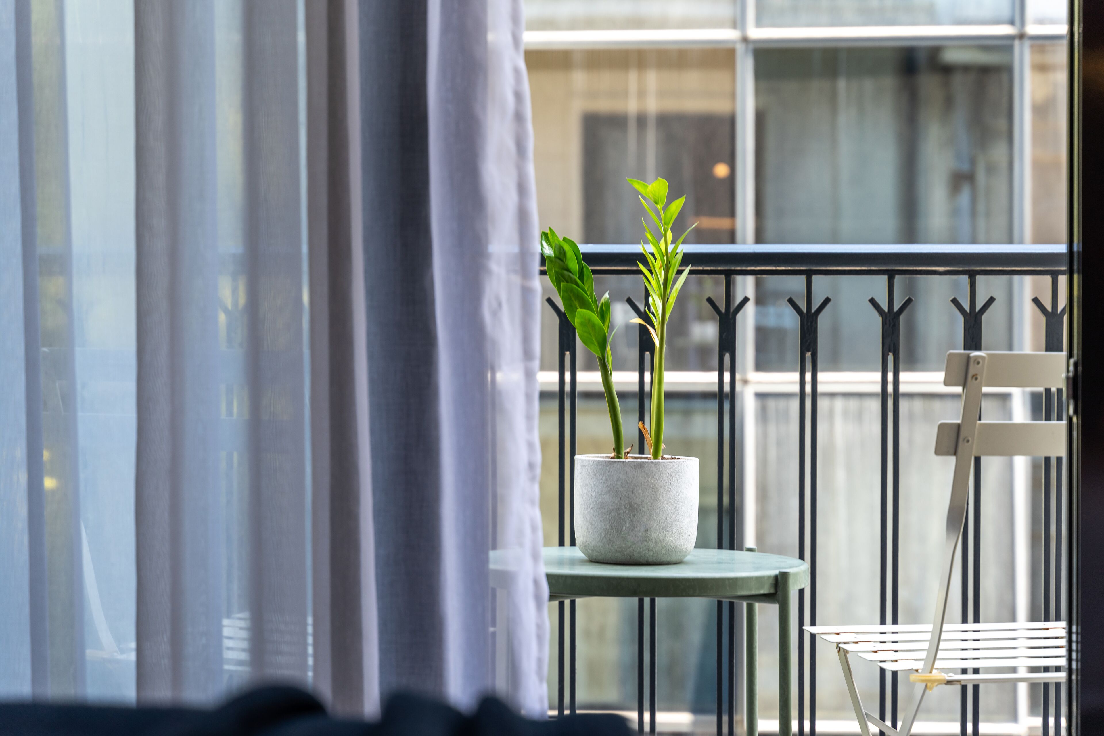 Un balcon avec une plante en pot, une petite table et une chaise.