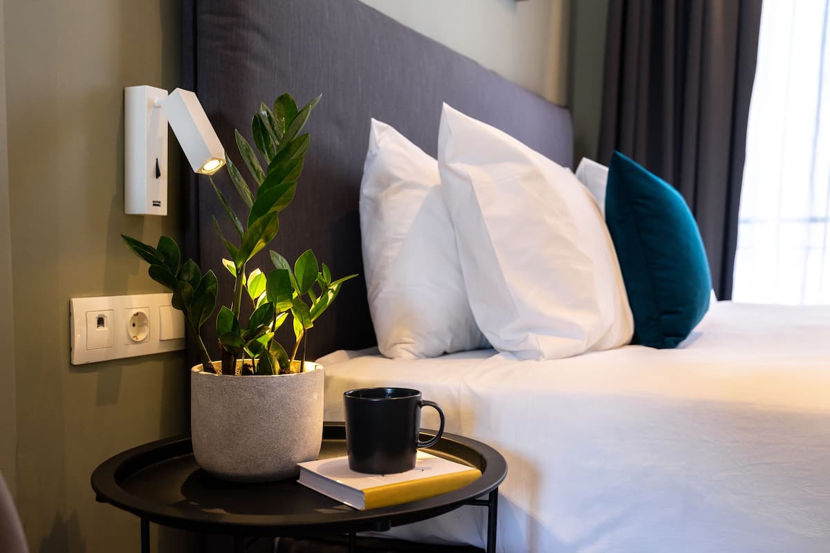 A neatly made bed with white and teal pillows, a bedside table with a potted plant and a black mug, and a wall-mounted light fixture.