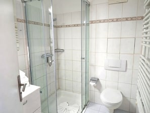 A bathroom with a glass-enclosed shower, a toilet, and a sink. - Apartment Rosenhof 07 - Wh. 07 (Kühlungsborn)